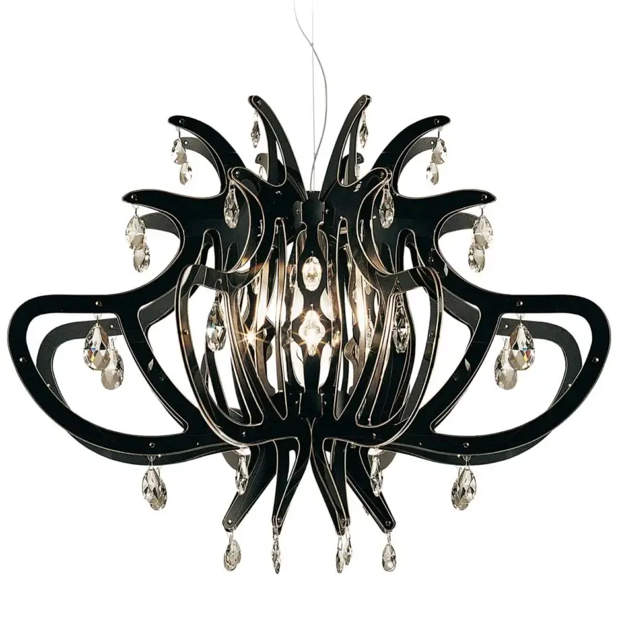 Exceptional Slamp Medusa suspension lamp in glossy black technopolymers with transparent Swarovski crystal adornments