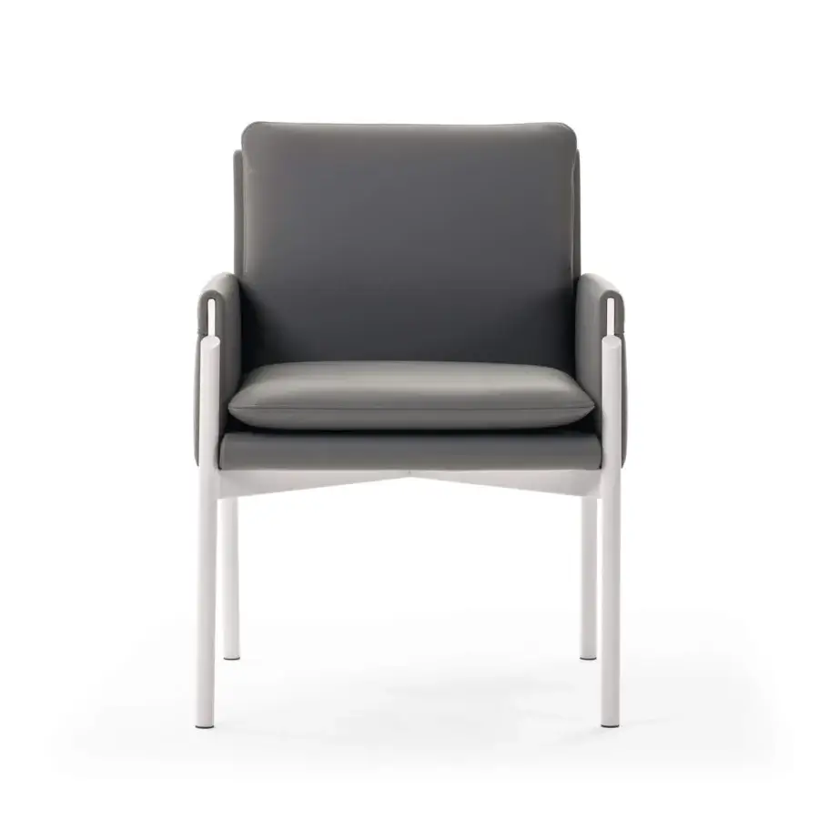 Superior Turri Zenit armchair with a squared silhouette and smooth medium gray synthetic textile upholstery with matte white metal legs