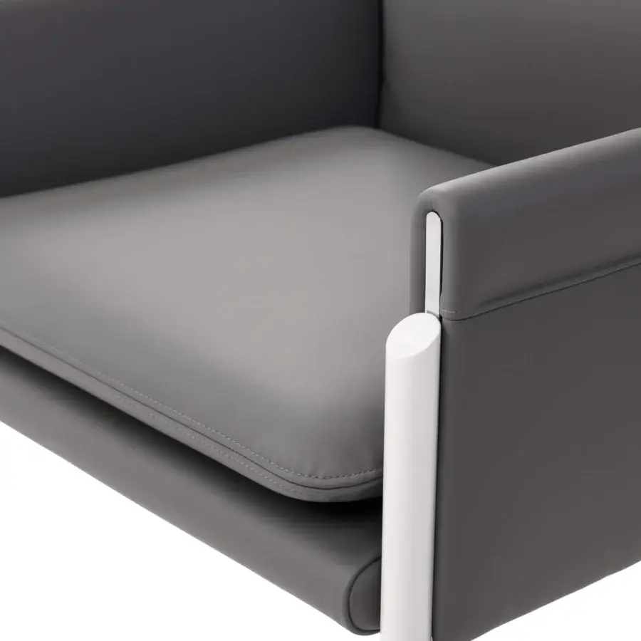 Elegant Turri Zenit armchair with smooth gray leather upholstery and cylindrical white supports