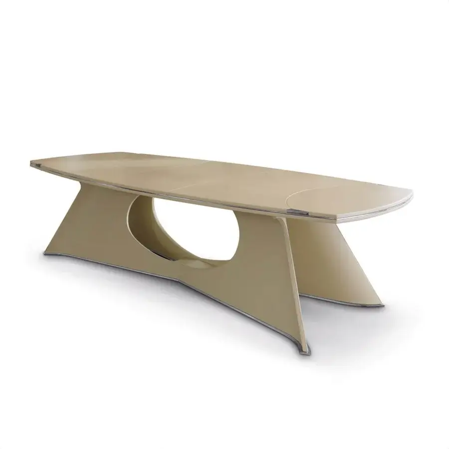Distinguished Mascheroni Prior table with multilayer wood and aluminum panels, supported by a curved plywood base and light beige finish