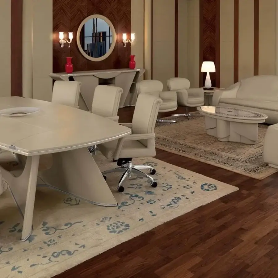 Distinguished Mascheroni Prior table with multilayer wood and aluminum panels, crafted in a light beige finish with curved plywood base