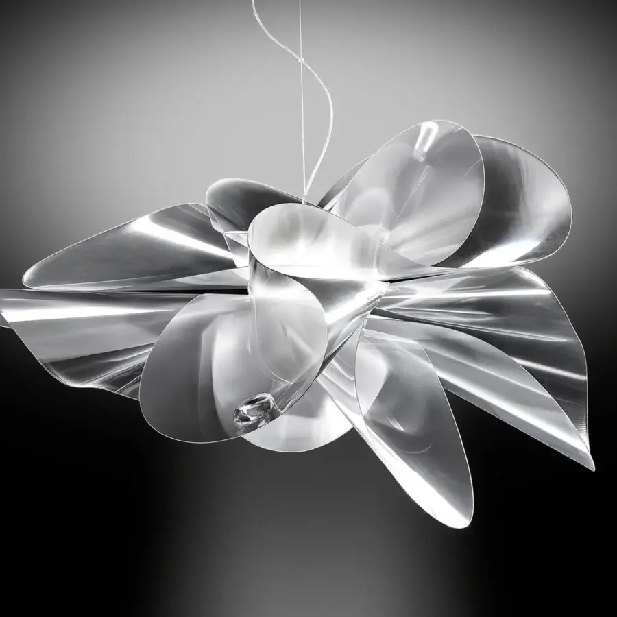 Superior Slamp Étoile suspension lamp with layered petal components crafted in reflective silver and lustrous Lentiflex®