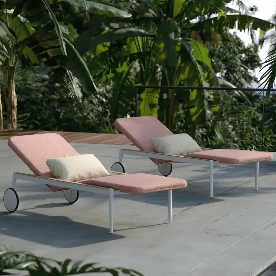 Exceptional Royal Botania Styletto lounger with light pink textured textile and matte light-colored frame built with integrated wheels