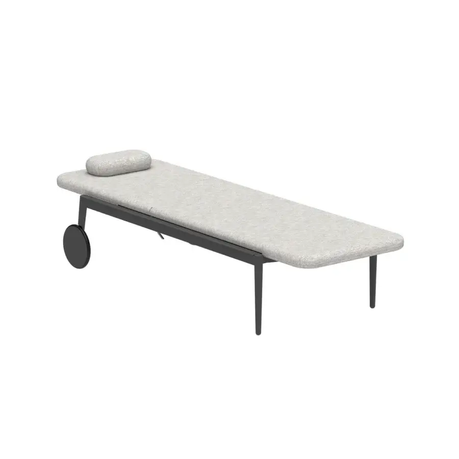 Superior Royal Botania Styletto lounger with light gray textile and dark matte metal framing built with integrated wheels