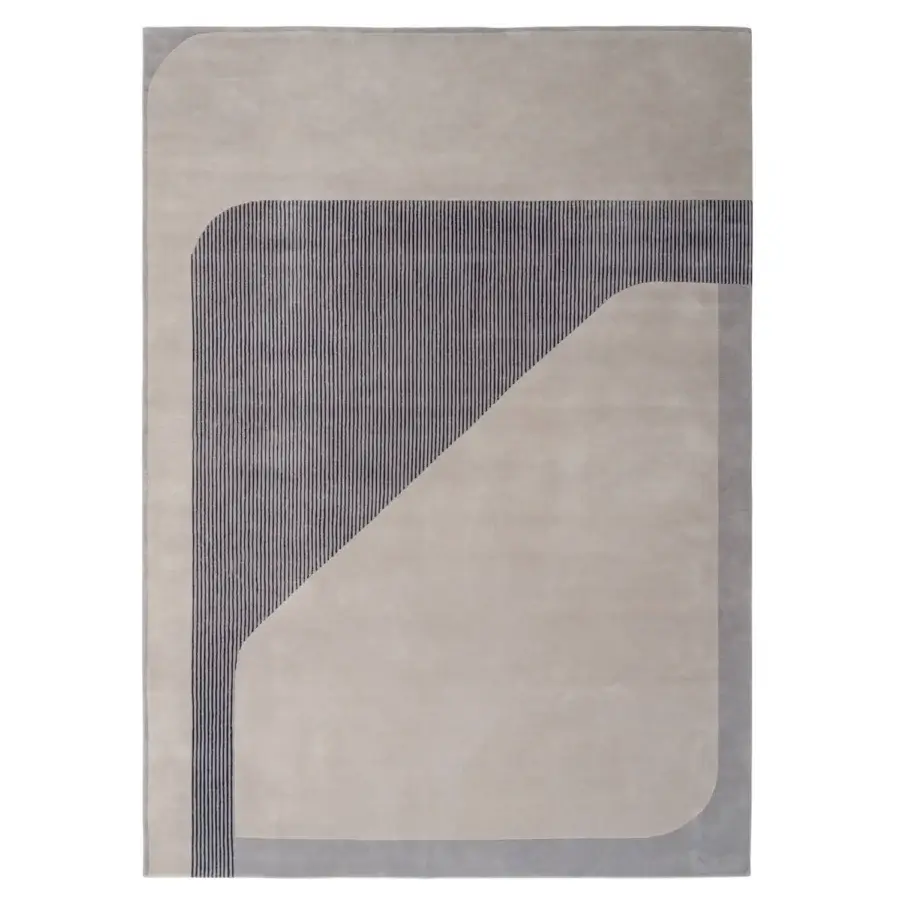 Distinguished Turri Zenit rug showcases geometric design hand-knotted in 100% wool with light beige and dark gray stripes and matte finish