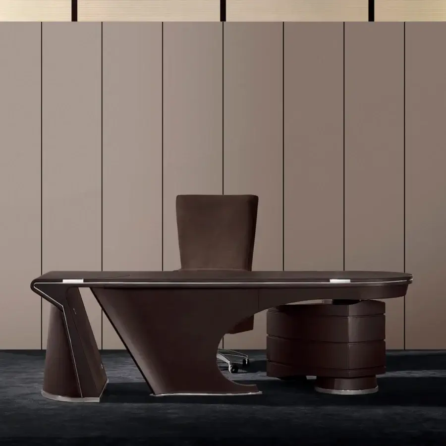 Elegant Mascheroni Prior desk crafted with multilayer wood, aluminum panels and curved plywood in a dark brown finish