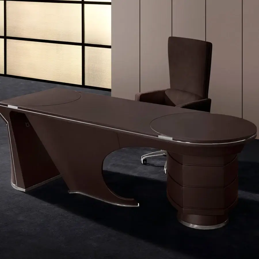 Distinguished Mascheroni Prior desk built with multilayer wood, aluminum panels and a curved plywood base in brown