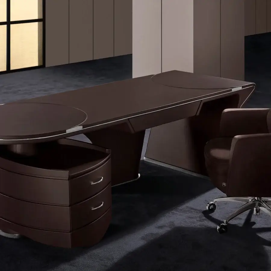 Exceptional Mascheroni Prior desk with curved plywood base, multilayer wood and aluminum top, plus dark brown finish
