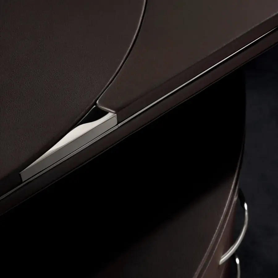 Superior Mascheroni Prior desk with curved plywood, steel components and a leather-like matte finish for a polished aesthetic