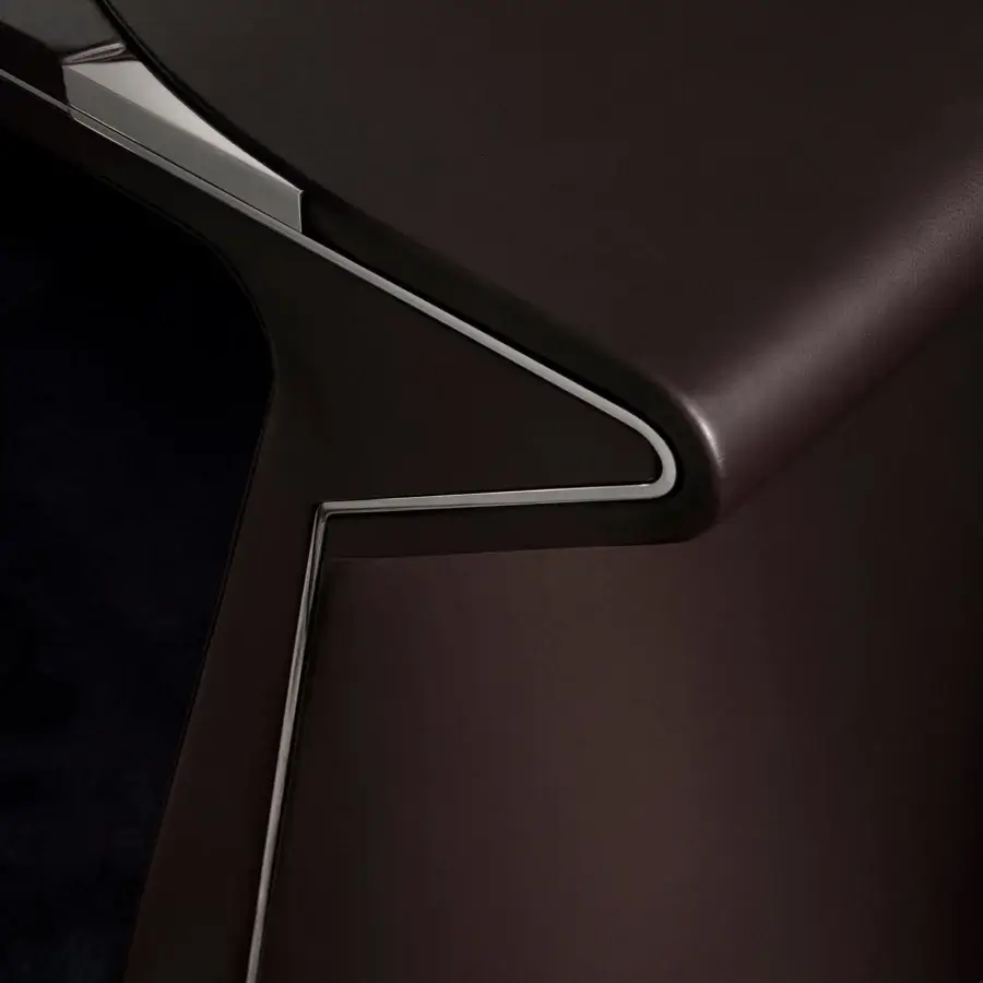 Lavish Mascheroni Prior desk crafted with multilayer wood, aluminum panels and a brown leather-like material with matte finish