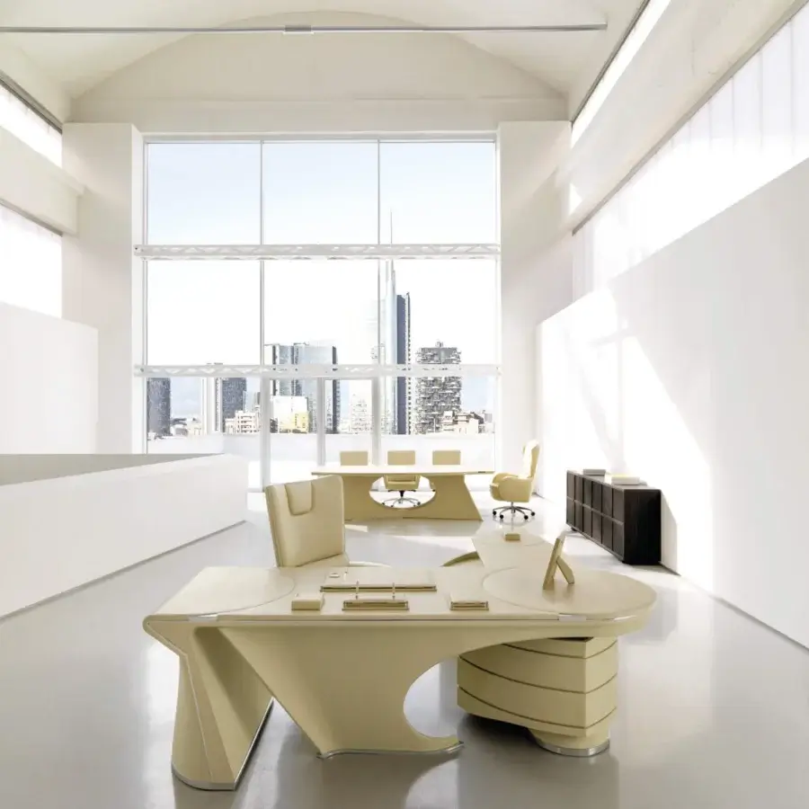 Avant-garde Mascheroni Prior desk with curved plywood base and multilayer wood with aluminum panels
