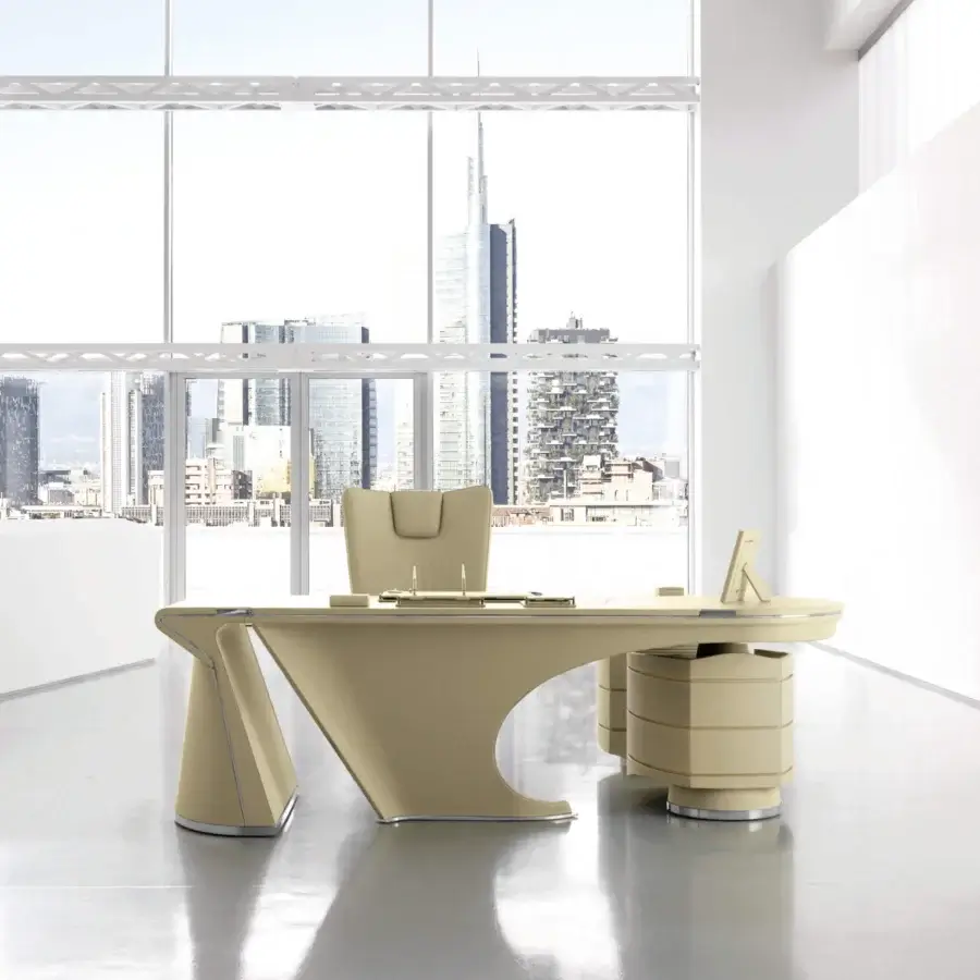 Distinguished Mascheroni Prior desk with curved plywood base and multilayer wood with aluminum panels in a smooth beige finish