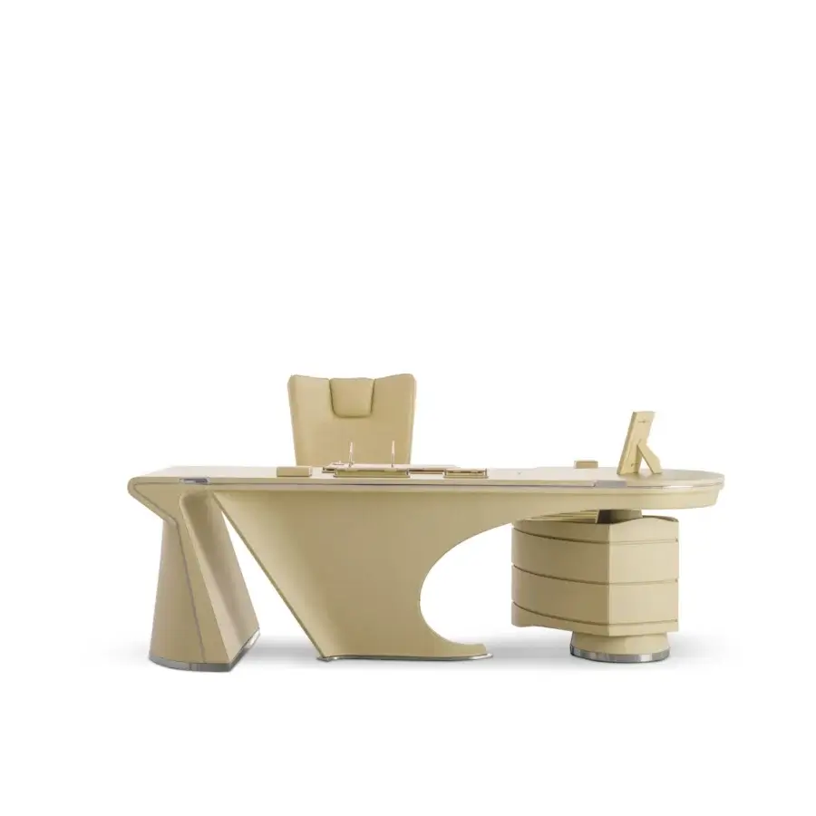 Exceptional Mascheroni Prior desk with curved plywood base and multilayer wood with aluminum panels in matte finish