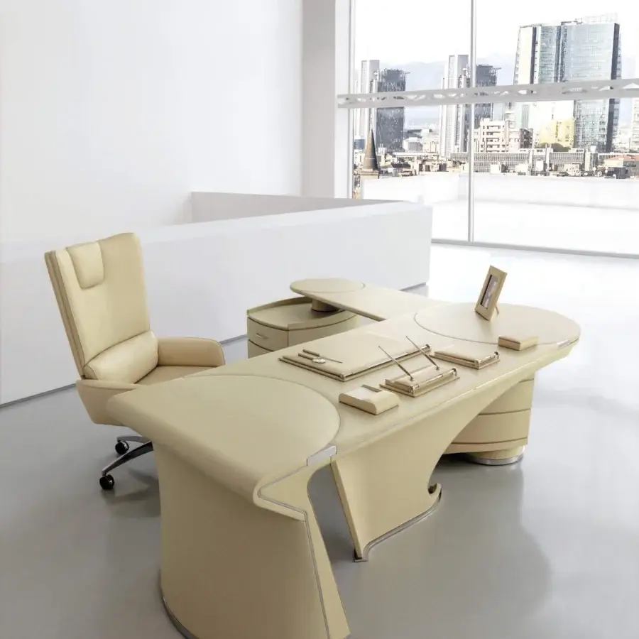 Superior Mascheroni Prior desk crafted with curved plywood base and multilayer wood with aluminum panels in a light beige finish