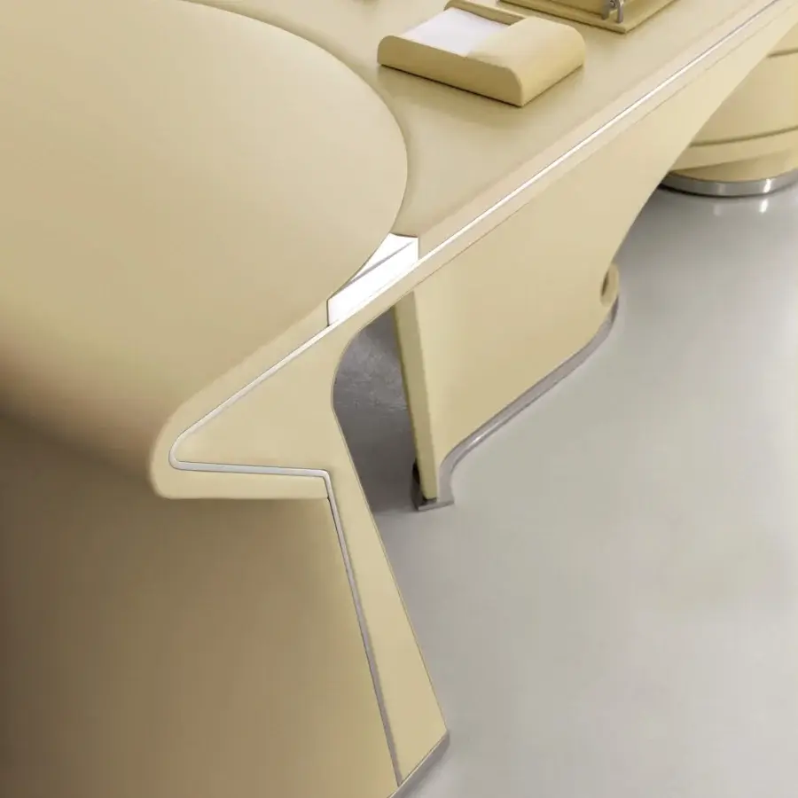 Elegant Mascheroni Prior desk with curved plywood base and multilayer wood with aluminum panels in beige and silver-colored steel with matte finish