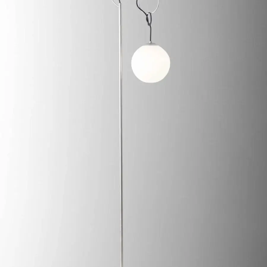 Distinguished Stillux Balloons floor lamp with slender silver-toned metal and glowing matt white glass sphere suspended by black wire