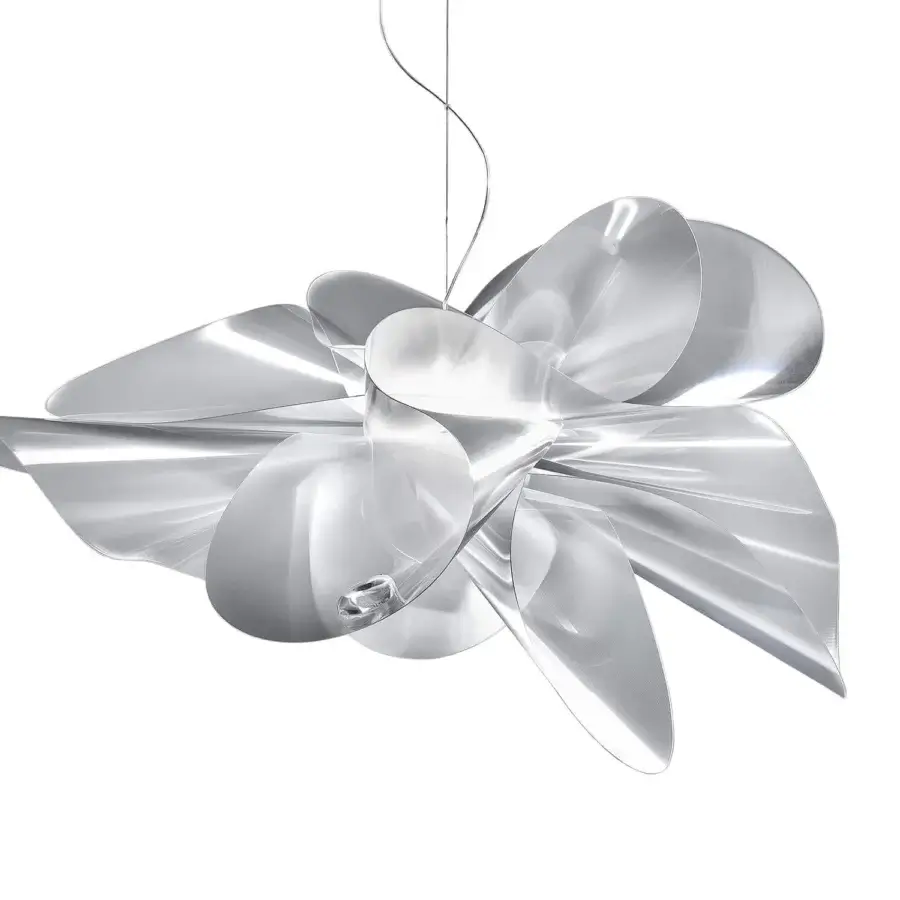 Exceptional Slamp Étoile suspension lamp with flowing organic form crafted in bright silver Lentiflex® and embellished with a crystal drop