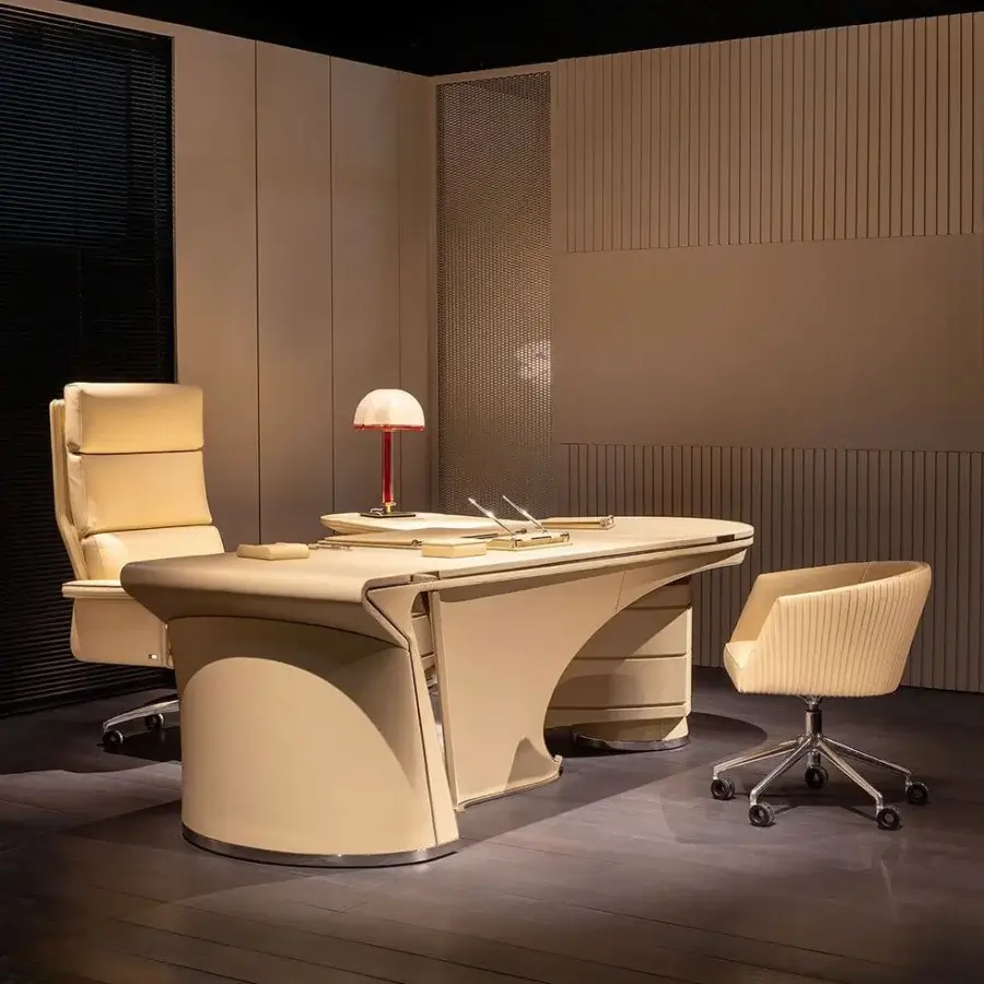 Distinguished Mascheroni Prior desk with a light cream finish and curved plywood supporting base built with multilayer wood and aluminum panel top