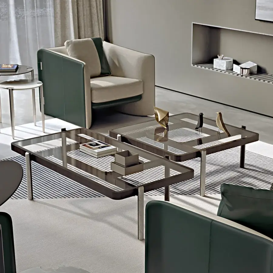 Sophisticated Turri Vision coffee table with transparent glass and dark-stained wood, built with sleek metal legs and marble applications
