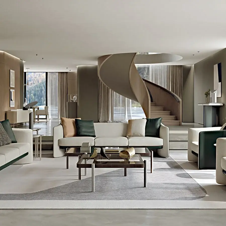 Exceptional Turri Vision coffee table with transparent glass, dark wood legs, marble details and matte metal finish