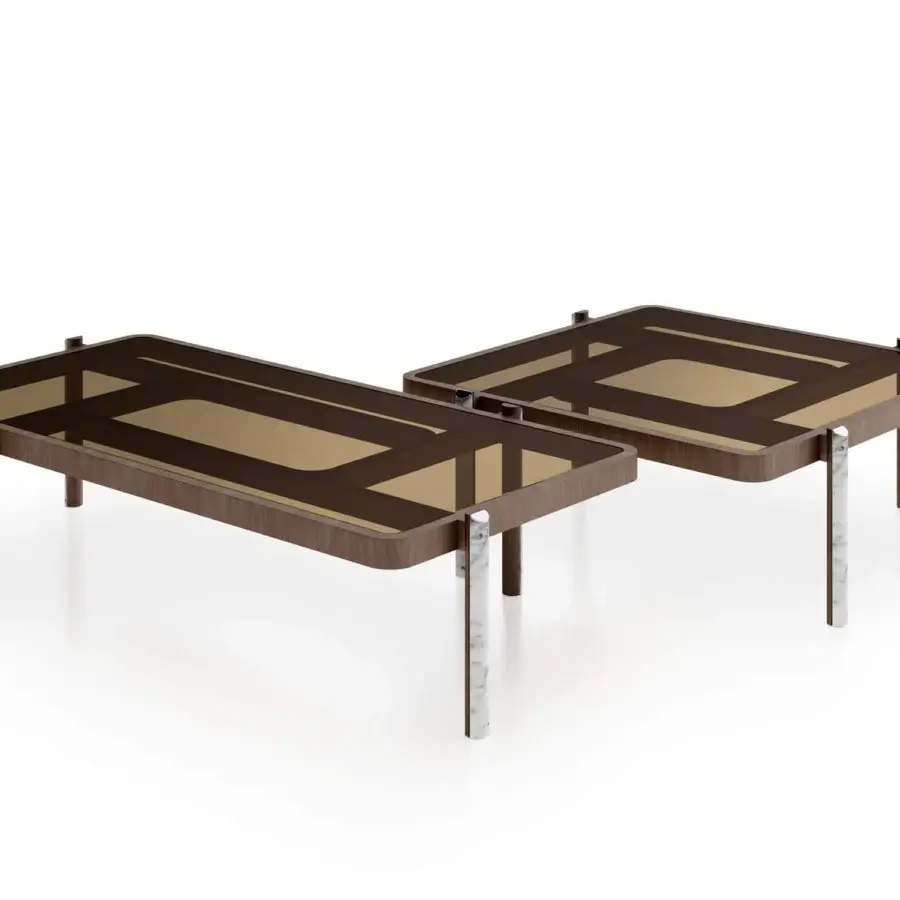 Captivating Turri Vision coffee table with transparent glass, rich brown wood, and marble applications