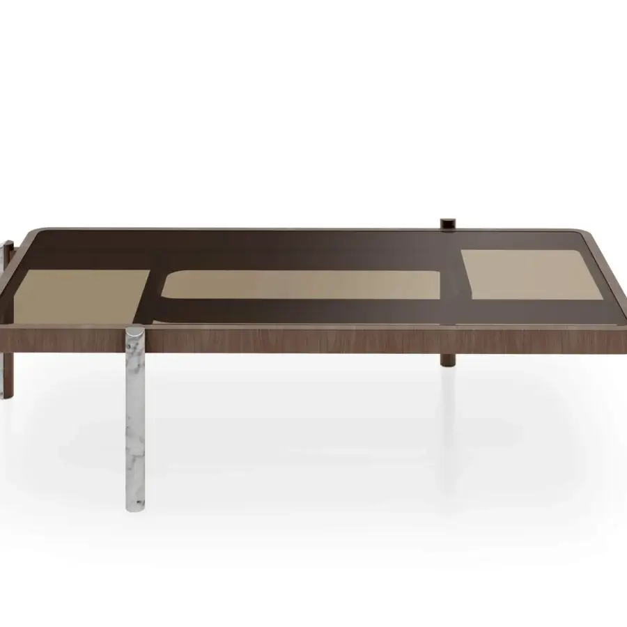 Superior Turri Vision coffee table with bronzed glass, slender wood legs, and marble applications in a lustrous finish