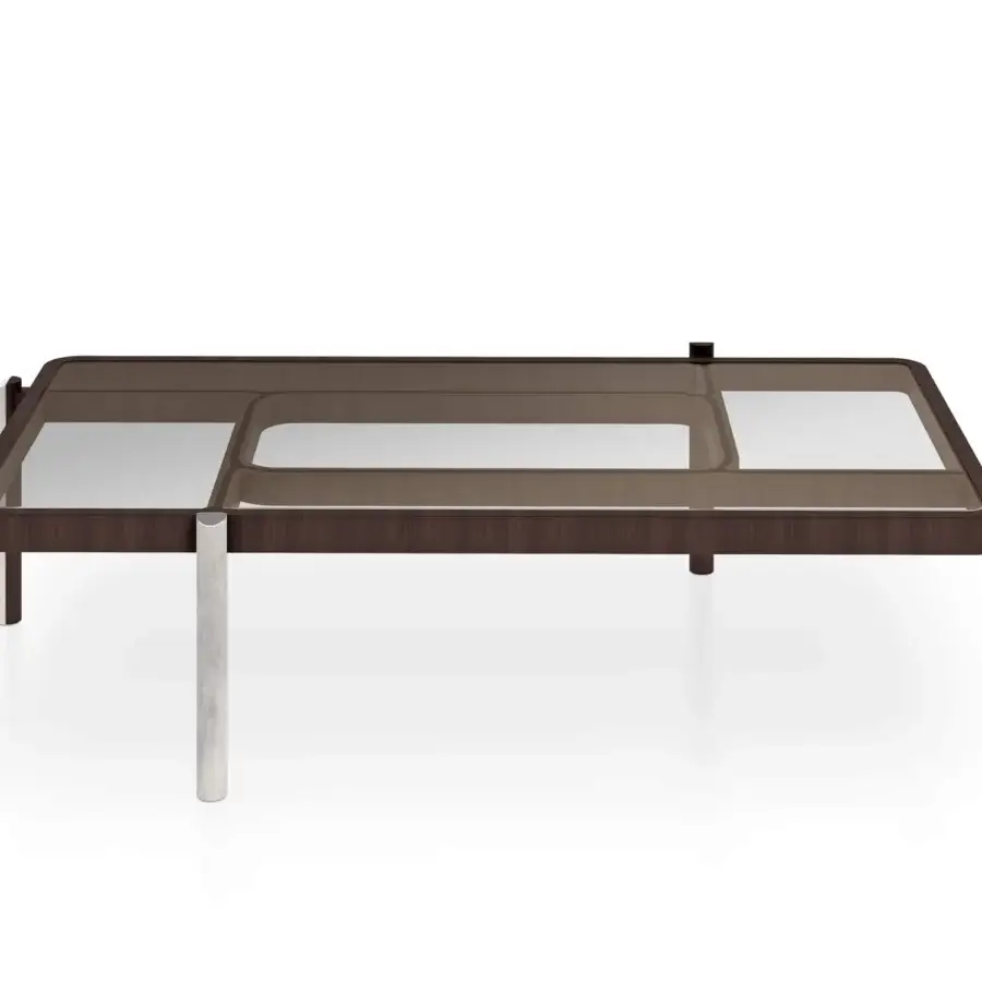 Distinguished Turri Vision coffee table with a brown wood frame and bronzed glass top supported by slender legs with marble accents