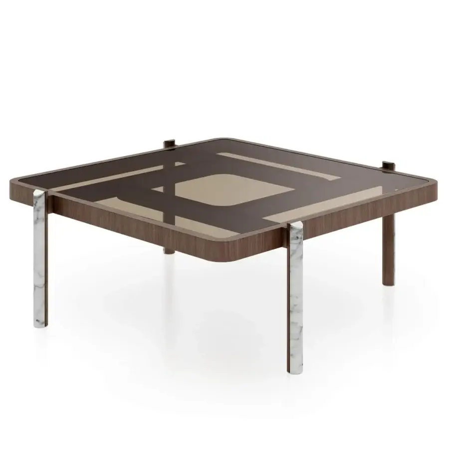 Elegant Turri Vision coffee table with a transparent glass top and medium brown wood frame built with white and grey marble legs