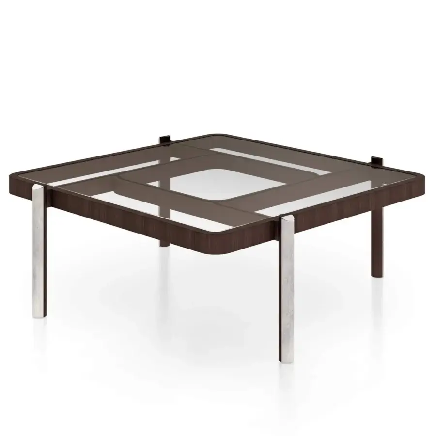 Exceptional Turri Vision coffee table with a transparent glass top and dark brown wood with silver-toned metal legs built with marble accents