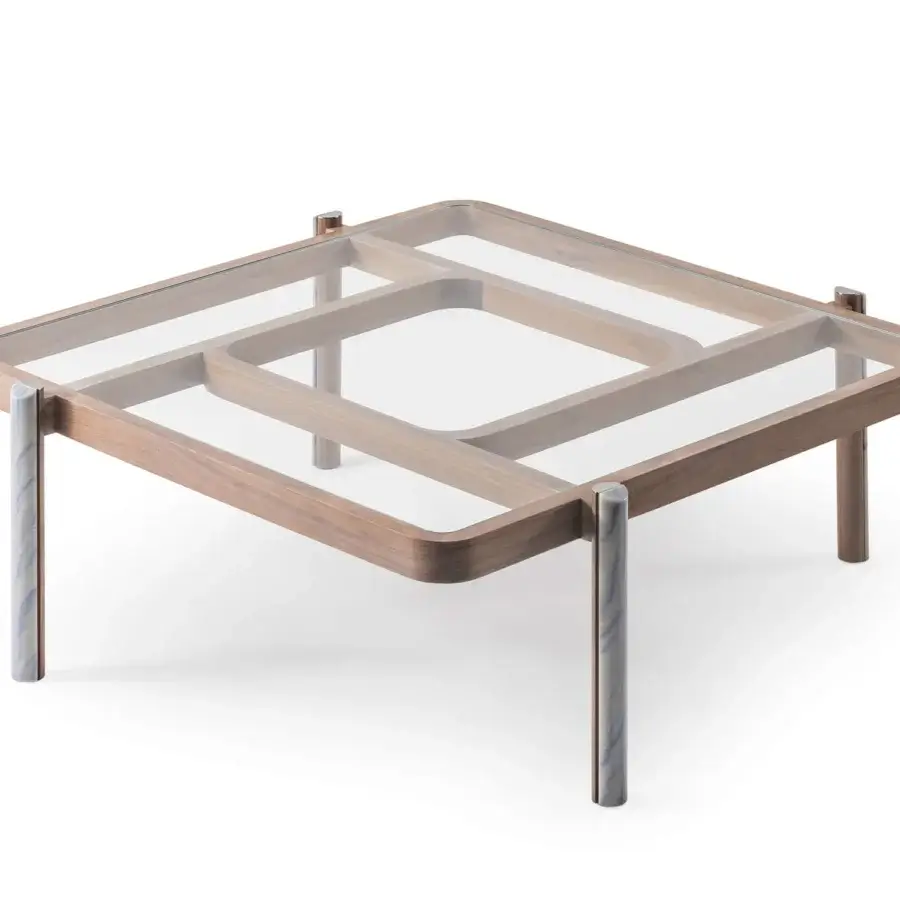 Superior Turri Vision coffee table with a transparent glass top and light-brown wooden frame built with cylindrical legs in light-grey marble and metal
