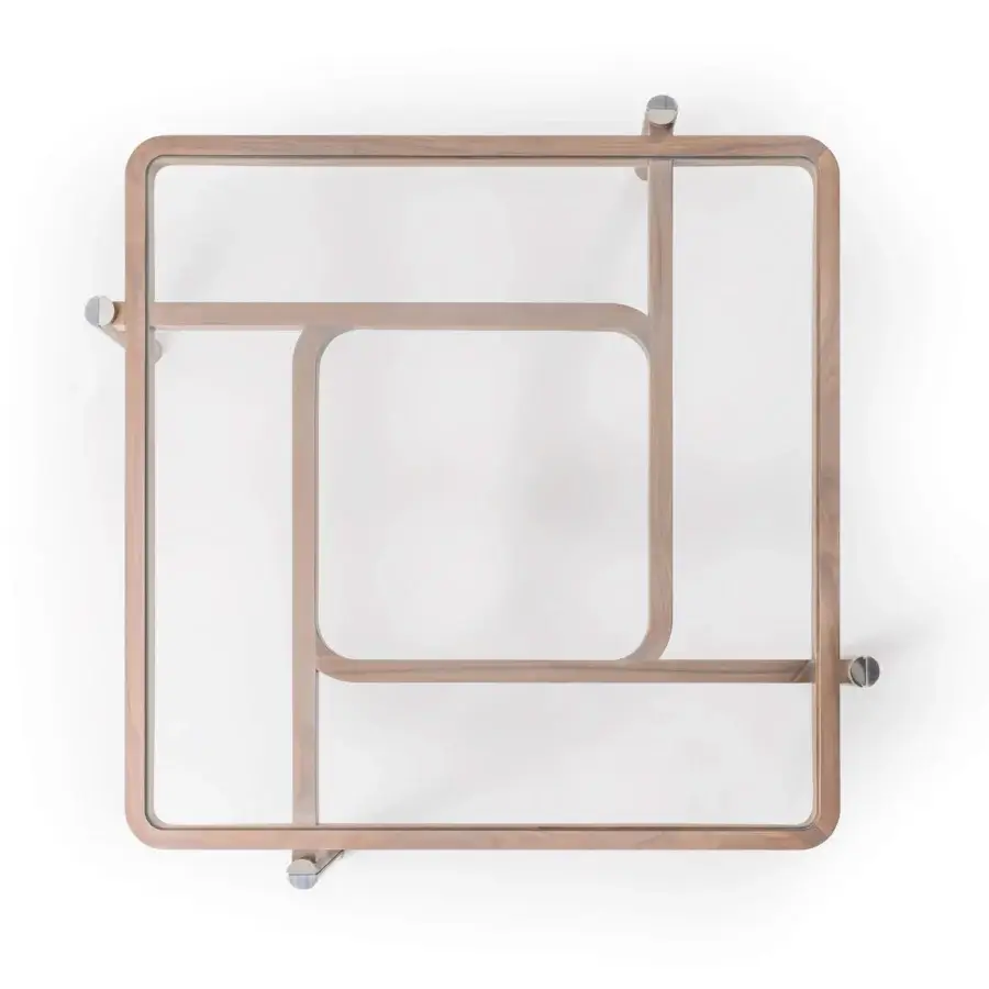 Distinguished Turri Vision coffee table with a transparent glass top and light-brown wooden legs with marble applications