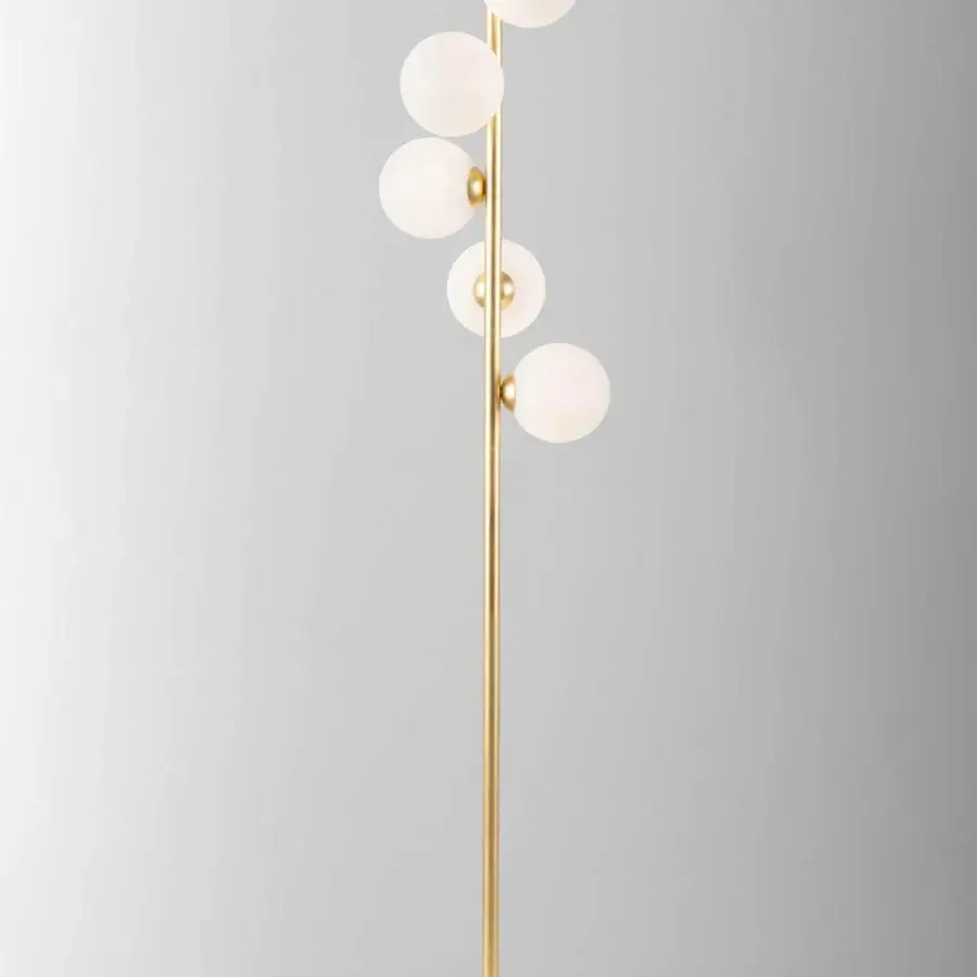 Exceptional Stillux Balloons floor lamp with five matt white glass spheres and gold-finished metal stem