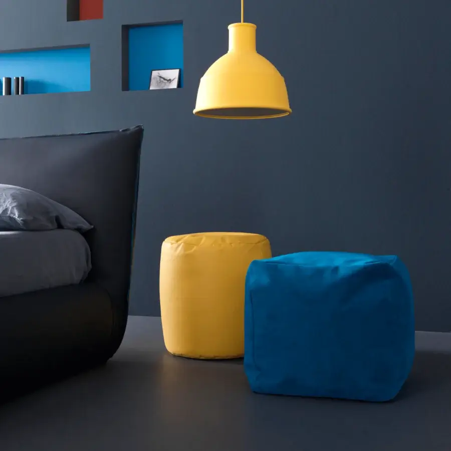 Distinguished Bolzan Letti Soft Ottoman pouf crafted in Italy with a blue removable matte textile cover and polystyrene filling