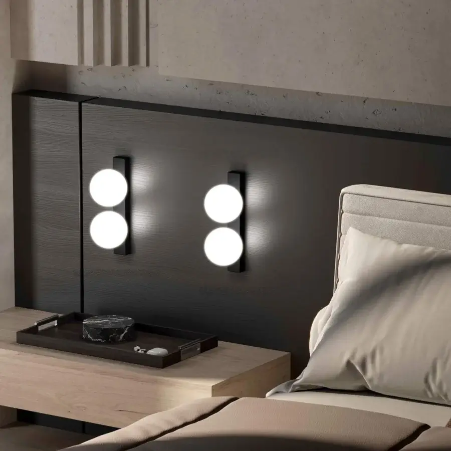 Distinguished Stillux Balloons wall lamp with two matte white glass spheres and rectangular metal support crafted in Italy with a matte finish