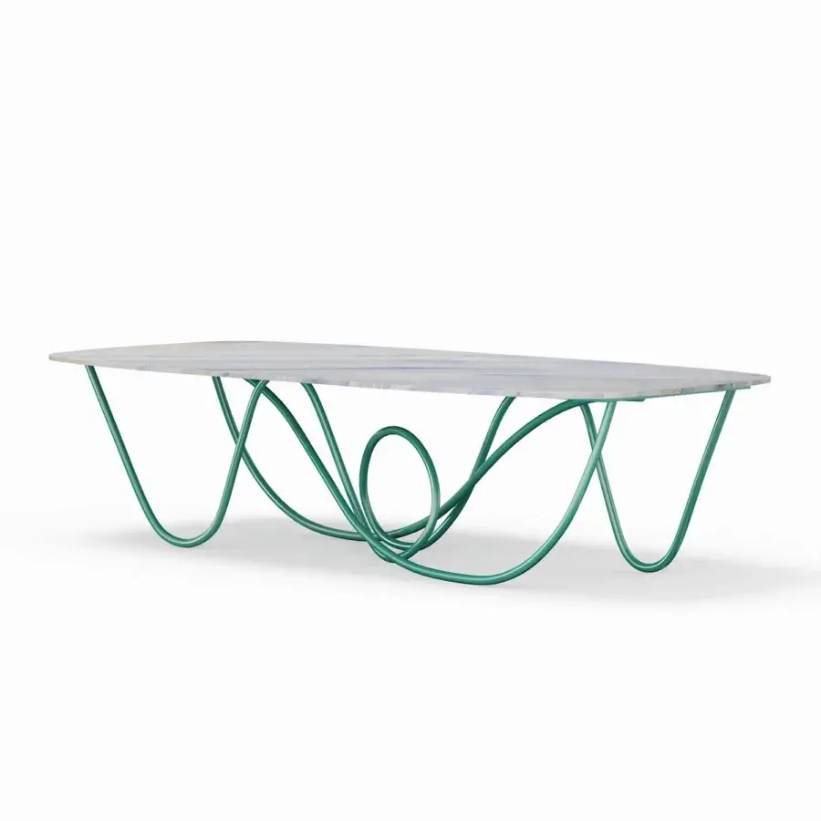 Distinguished Turri Azul table with shaped marble displaying whites, grays and blues, built with iridescent green/blue liquid painted metal base