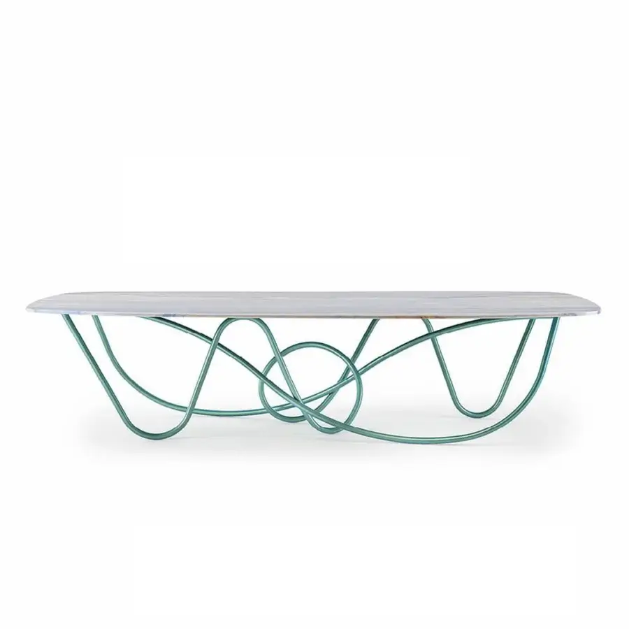 Exceptional Turri Azul table with light marble and iridescent green/blue liquid painted metal base
