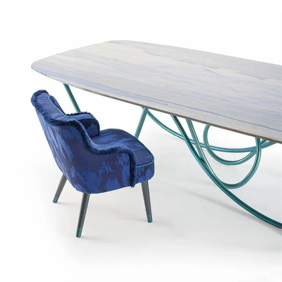 Superior Turri Azul table with shaped marble displaying white, gray and blue veining and liquid painted iridescent teal base