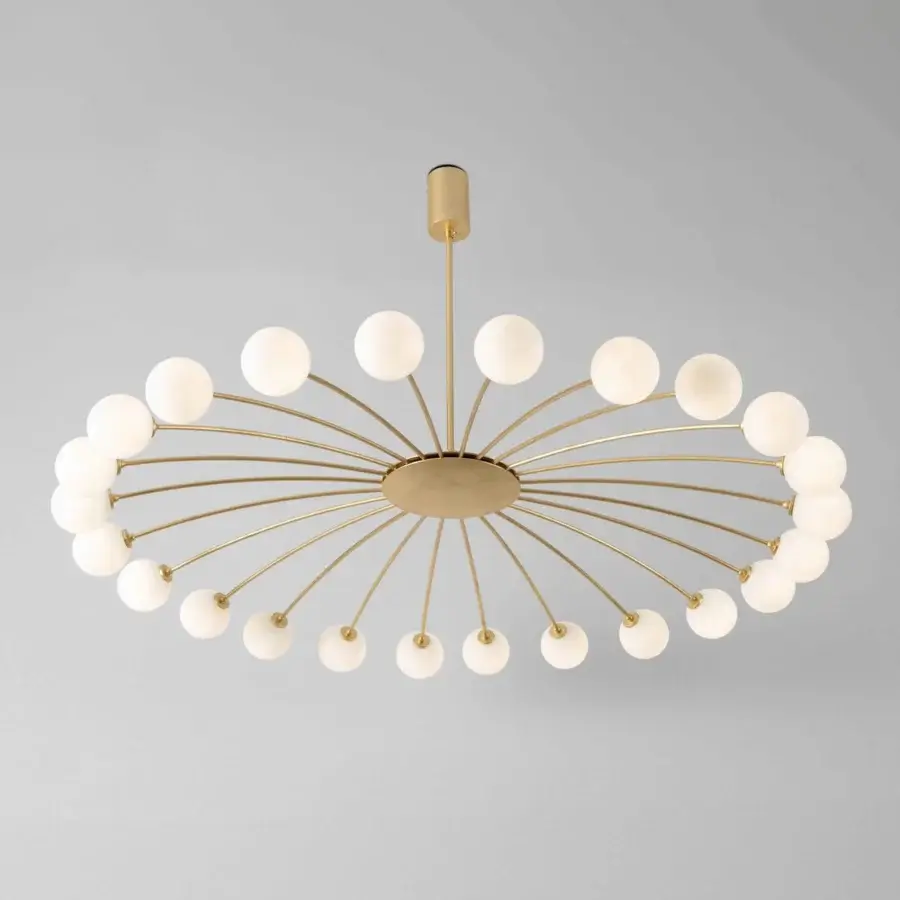 Distinguished Stillux Balloons ceiling lamp with slender golden metal arms and delicate matte white glass spheres crafted in Italy