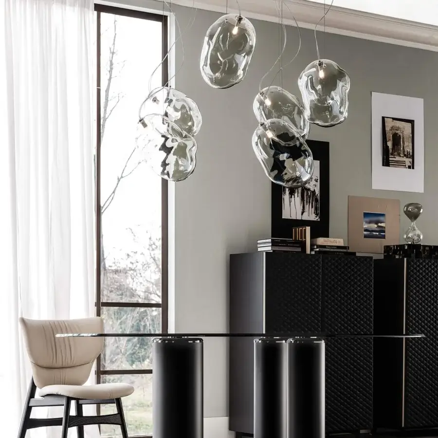 Distinguished Cattelan Italia Cloud suspension lamp with organically shaped smoked grey glass lampshades and slender metal cables