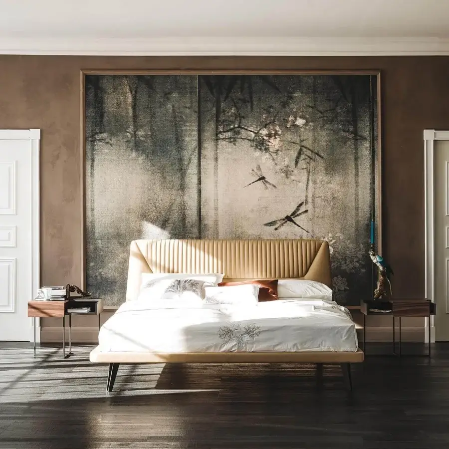 Refined Cattelan Italia Amadeus bed with light tan textile upholstery and graphite embossed lacquered steel feet