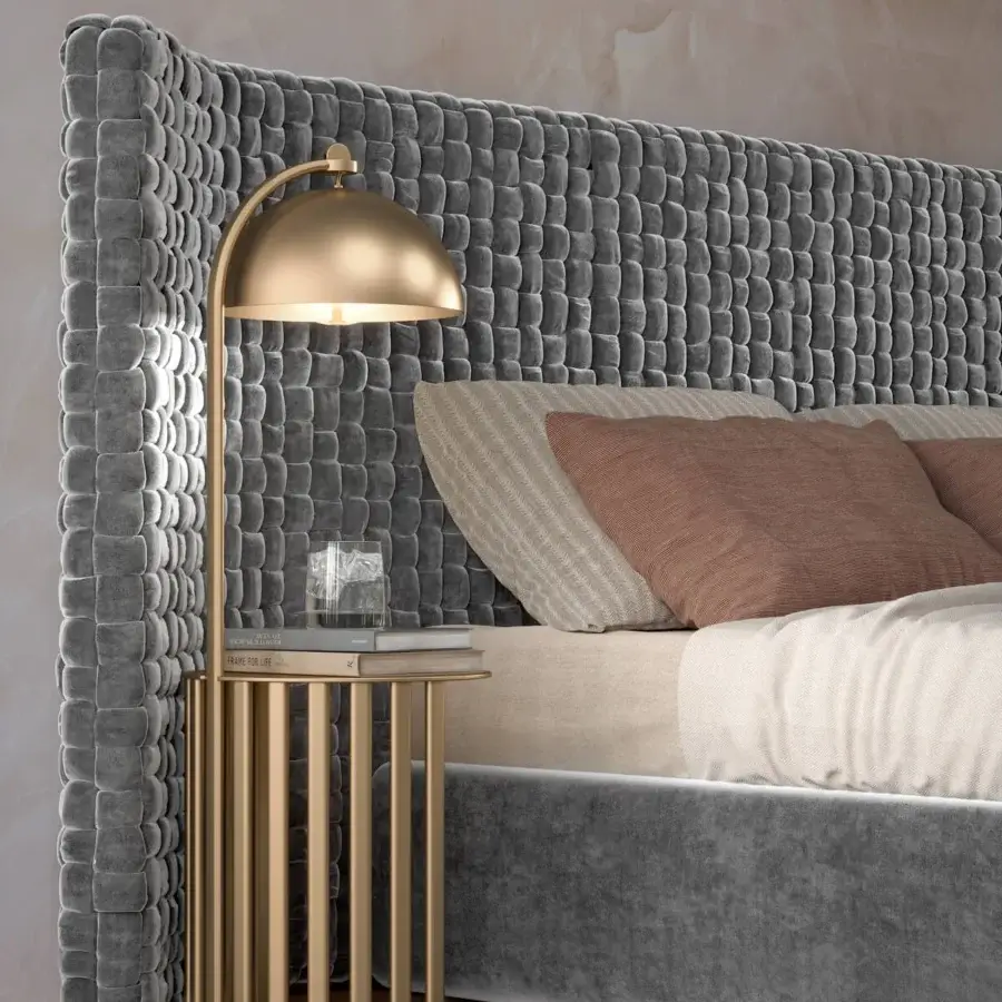Superior Turri Azul bed displays a grand headboard crafted in luxurious grey velvet with a macro weave and balanced base