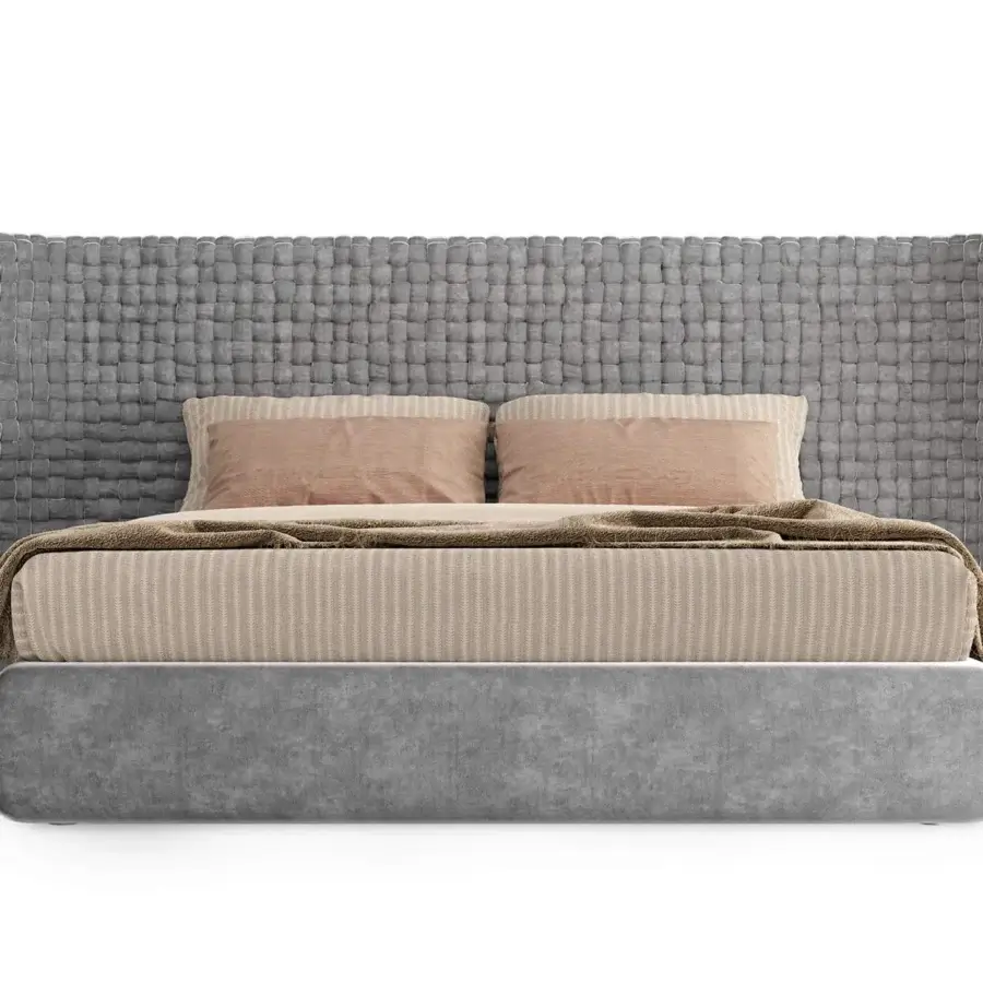 Distinguished Turri Azul bed showcases a large headboard handcrafted in sumptuous gray woven velvet with smooth gray velvet upholstery