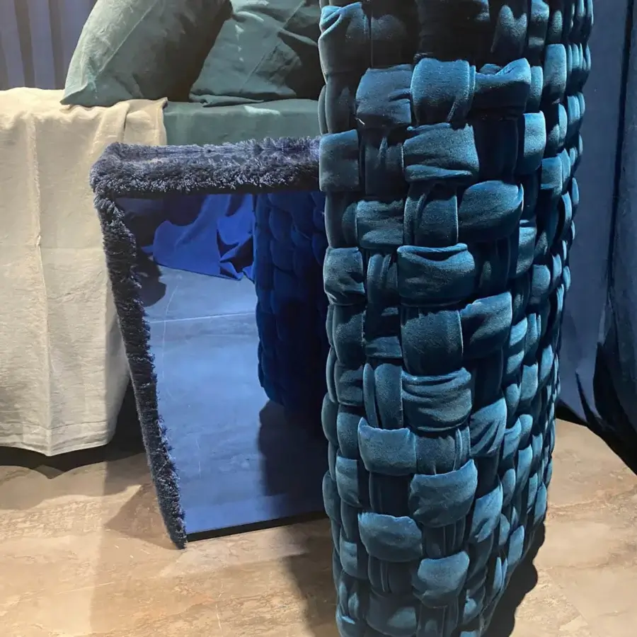 Distinguished Turri Azul bed crafted in Italy exhibits a captivating headboard with macro weave velvet and smooth velvet upholstery
