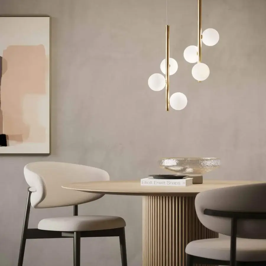 Superior Stillux Balloons suspension lamp with three matt white glass spheres and a golden metal stem