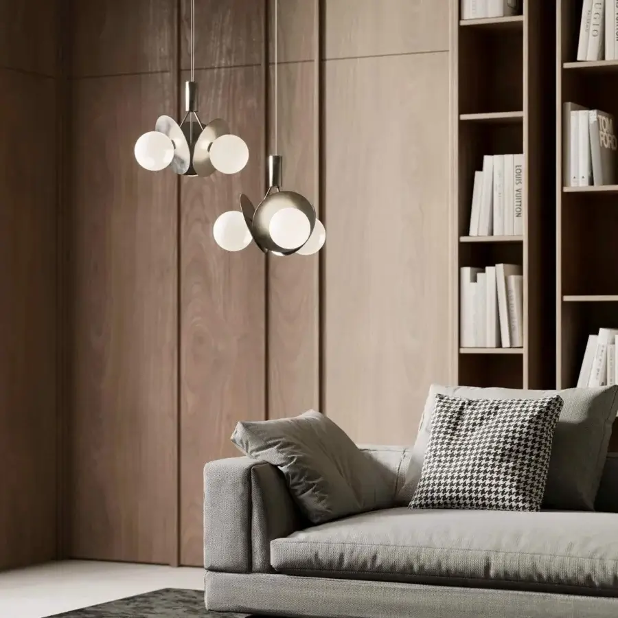 Superior Stillux Balloons suspension lamp with connected matt white glass spheres and brushed silver metallic disc