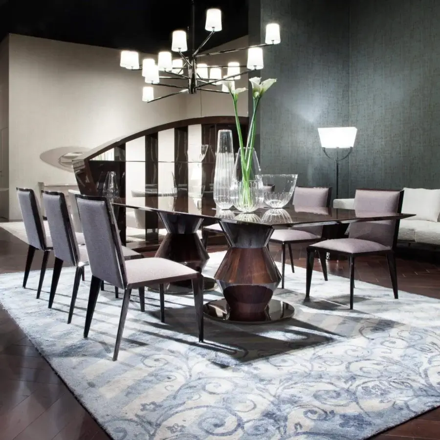 Elegant Costantini Pietro Grand Palais table with dark wood pedestal bases and glossy glass top