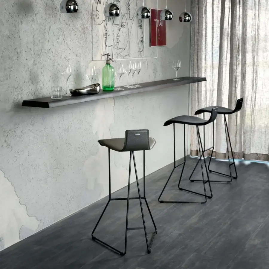 Superior Cattelan Italia Pepe stool with dark grey textile seat and black embossed steel base in a matte finish
