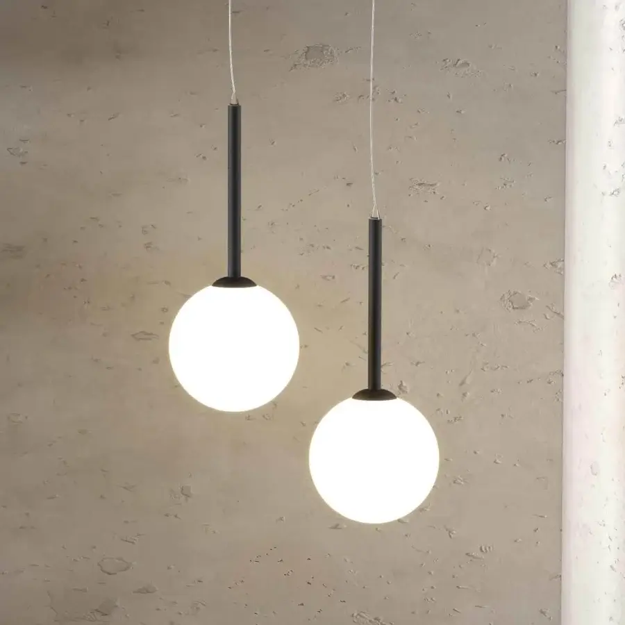 Distinguished Stillux Balloons suspension lamp with spherical matte white glass shade and dark metal stem