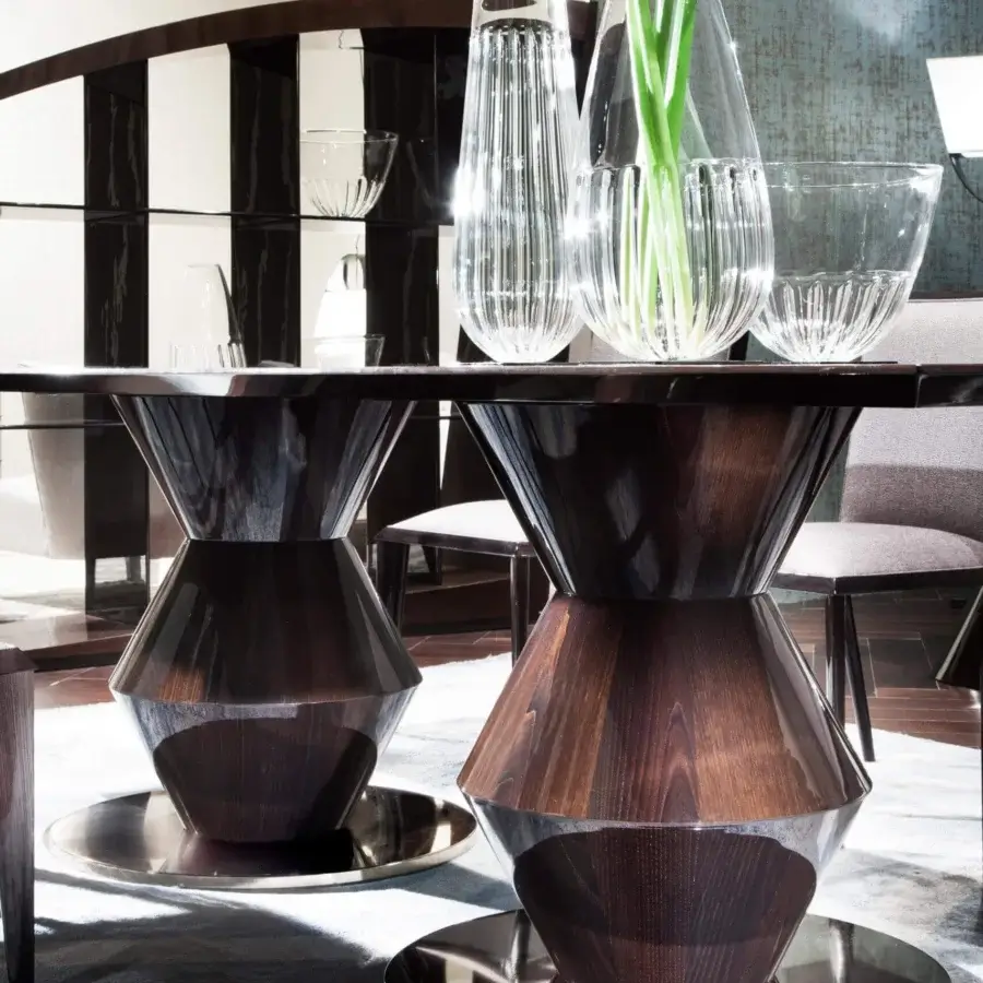 Superior Costantini Pietro Grand Palais table crafted in Italy with dark brown wood and reflective metal bases