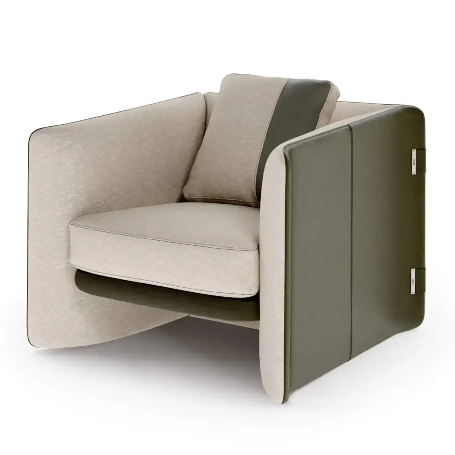 Superior Turri Blossom lounge chair with light beige fabric, olive green synthetic panels and metallic embellishments